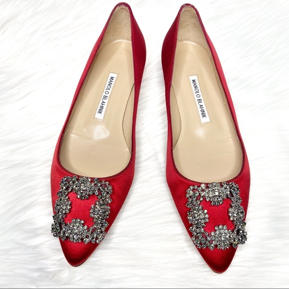 Manolo Blahnik Shoes - Manolo Blahnik Red Satin Hangisi Flats Jewel Buckle Toe 37.5
